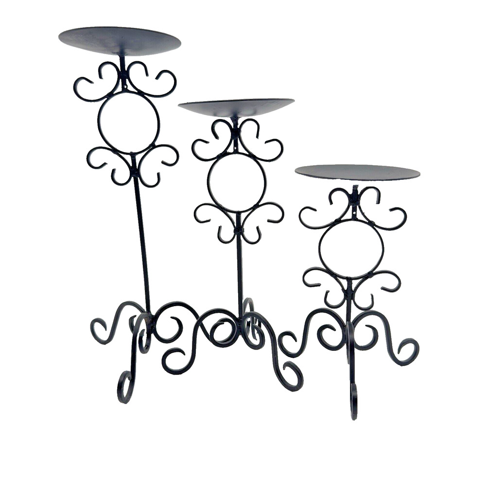 Black Metal Pillar Candle Holders Graduating Size Set Of 3 Eclectic Boho 7-11.5"